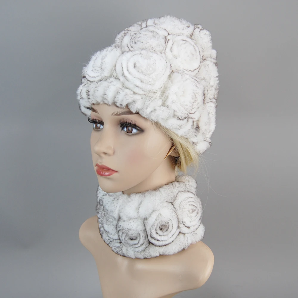 Fashion Girl Fur Cap Lady Winter Natural Real Rex Rabbit Fur Hat Scarf Suit High Quality Women 100% Genuine Hat