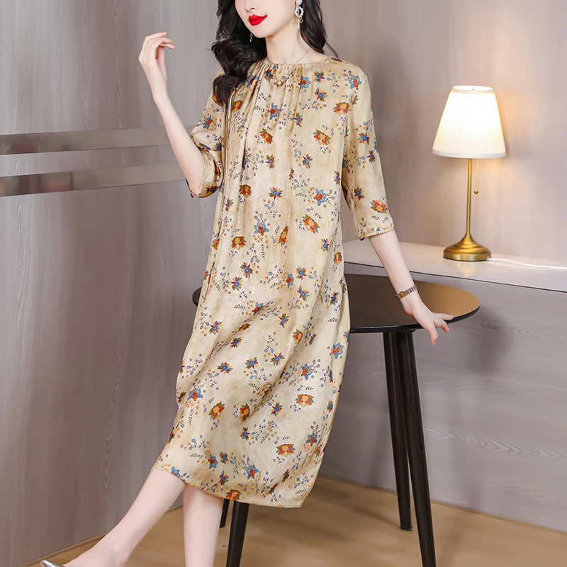 

Summer Elegant Silk Mulberry Silk Printed Dress For Women 2023 New Fashion Versatile Loose Fit Casual Holiday Dress Vestidos