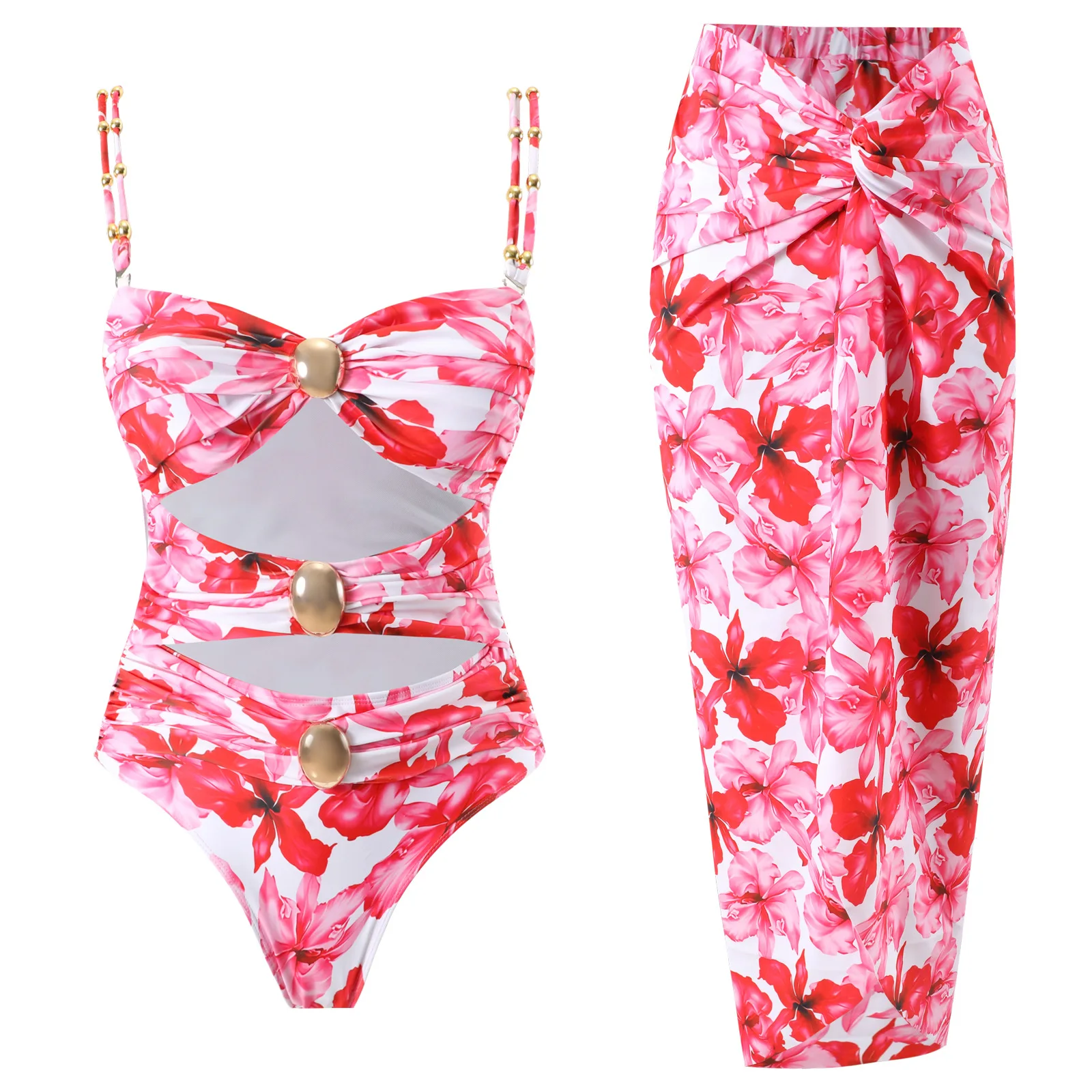 

2024 Sexy Women Swimwear One Piece Swimsuit With Beach Skirt Hollow Out Bathing Suit Flower Beachwear Monokini Summer Bikinis