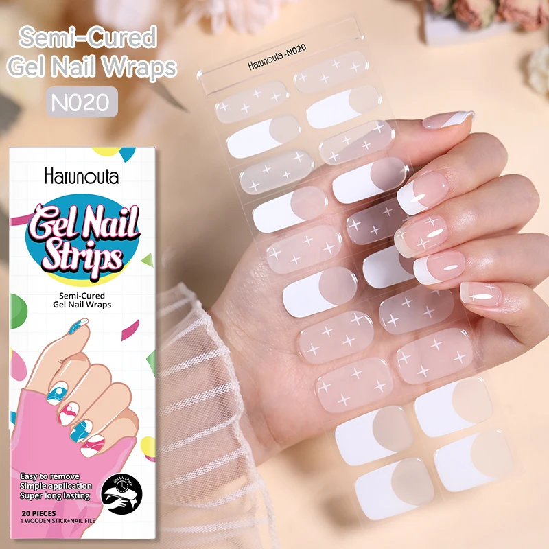 

1Sheet White French Semi-Cured Gel Nail Strips Patch Sliders Clear Adhesive Waterproof Long Lasting Full Cover Gel Nail Stciker