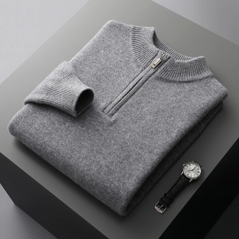 Winter new cashmere sweater men's knitted plus size high-end coat 100% wool half-height collar thick pullover youth Joker warm 3