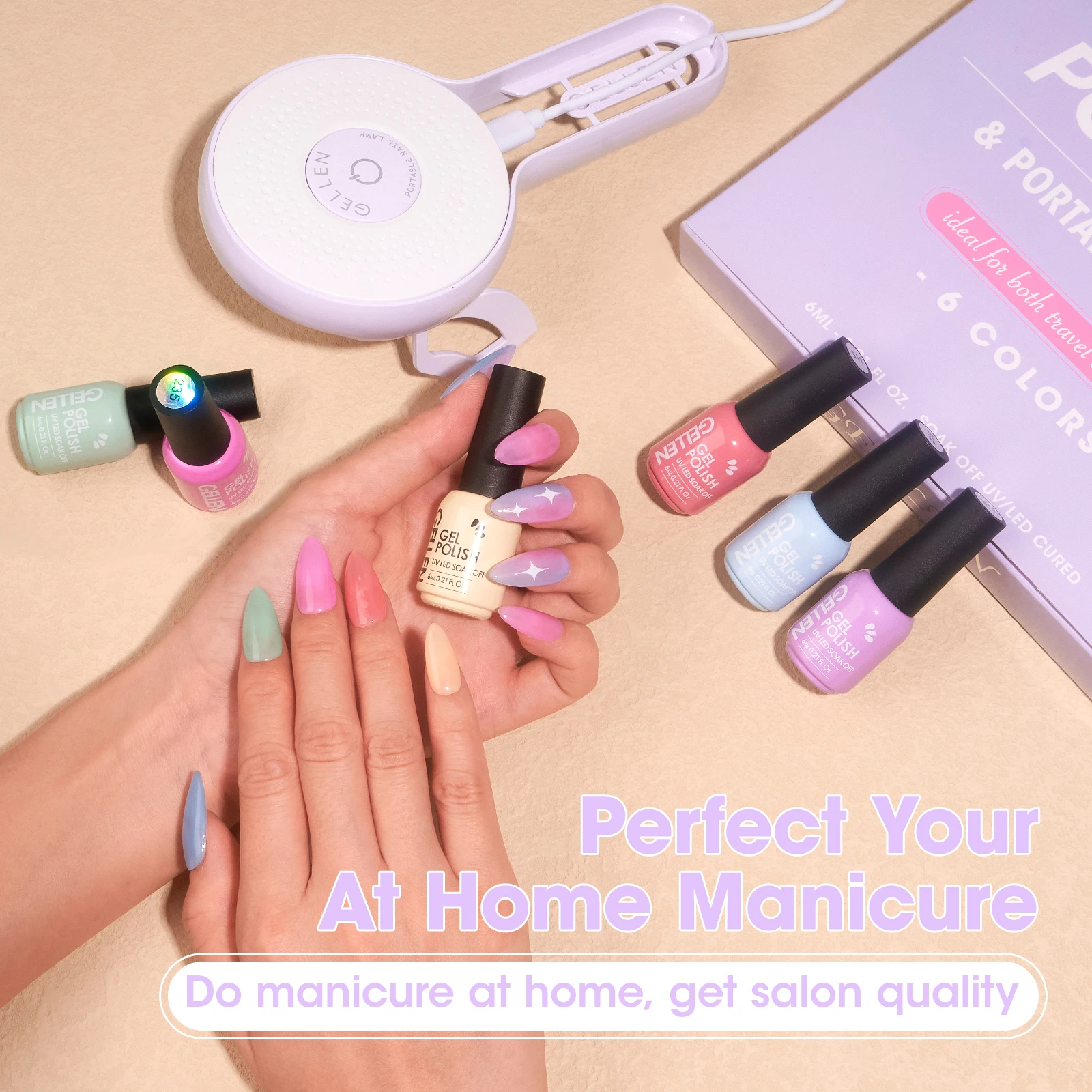 Gel Nail Polish Kit with 6 Colors and Portable UV Lamp