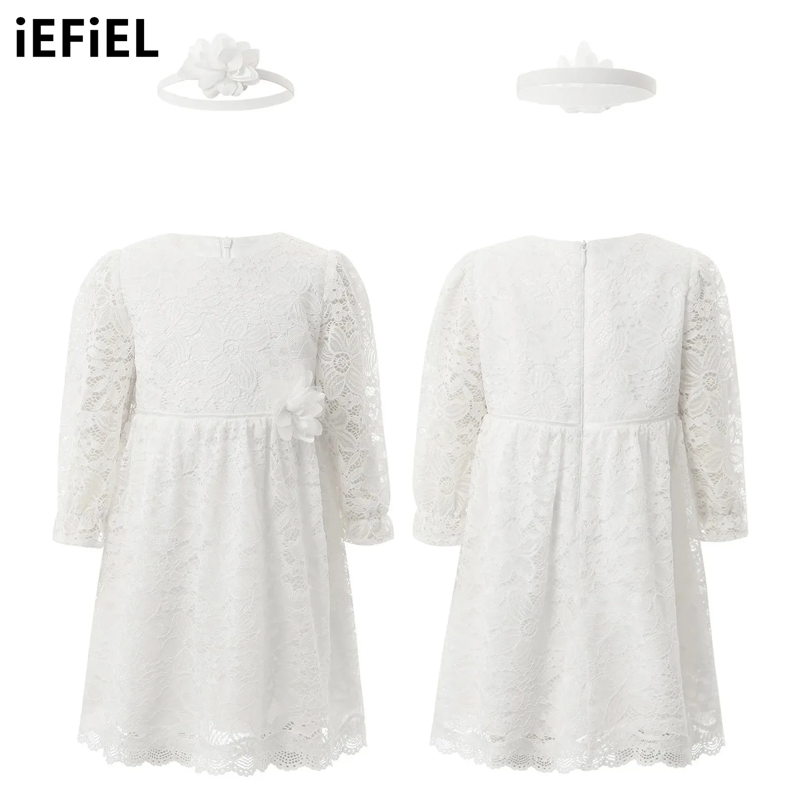 

Newborn Baby Girls Embroidered Dress Hollow Long Sleeve Lace Floral Dress with Headband Christening Baptism Birthday Party Dress