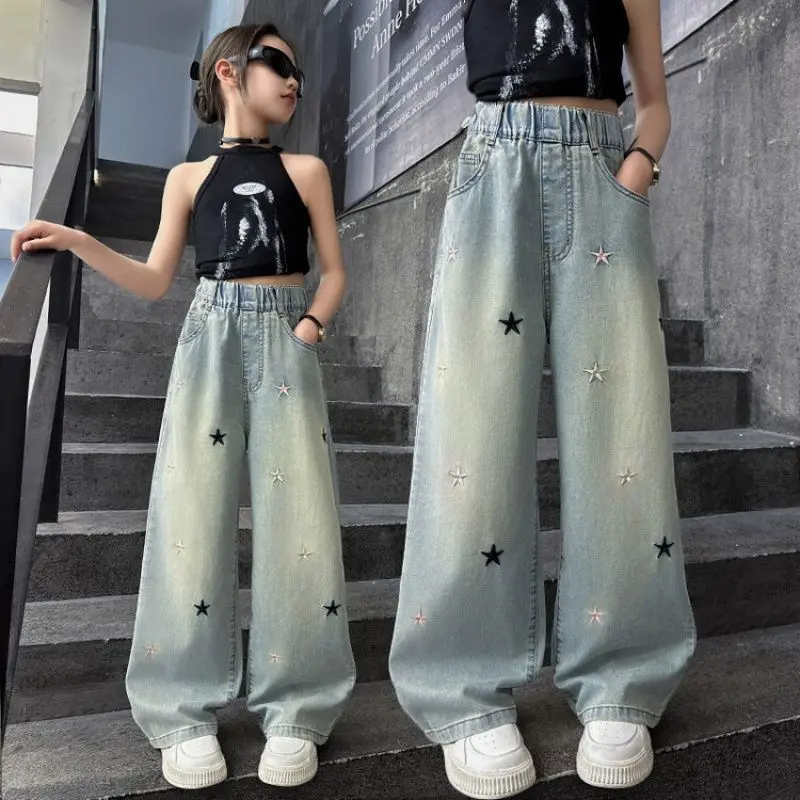 Modische Kinderjeans für Schüler, Streetdance-Stil, Stylische Jeans für Mittlere und Große Kinder, Bestickte Weite Hosen mit Geradem Bein – Detail 4