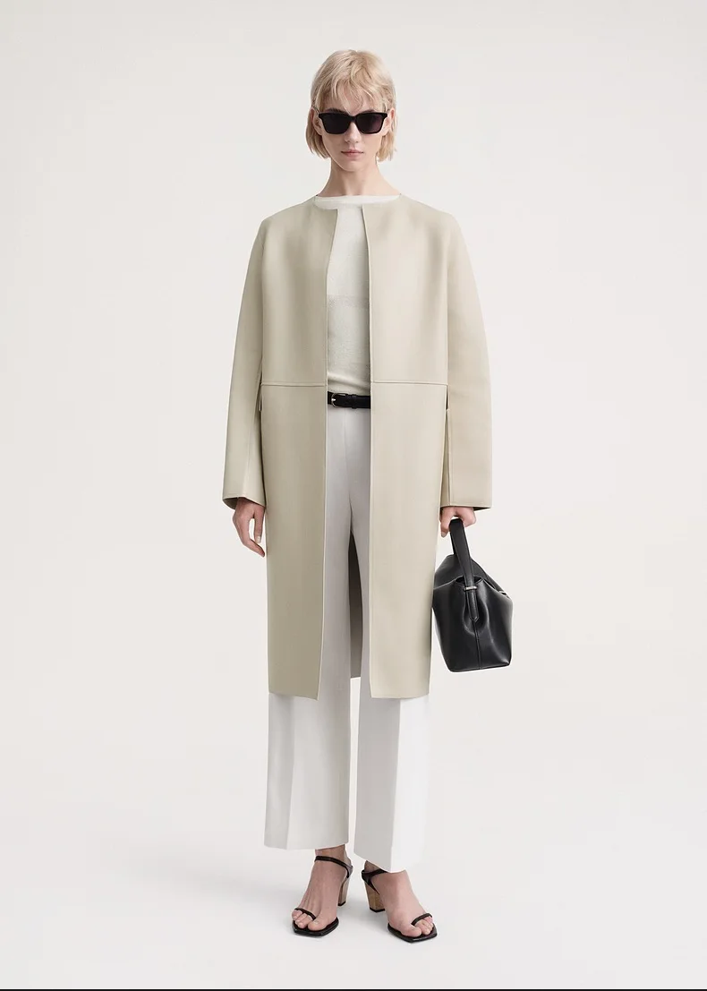 

T0te*me Winter Women Jacket Coat PU Leather Beige Color 9-Quarter Sleeves Casual Artificial Leather Open Stitch Cardigan