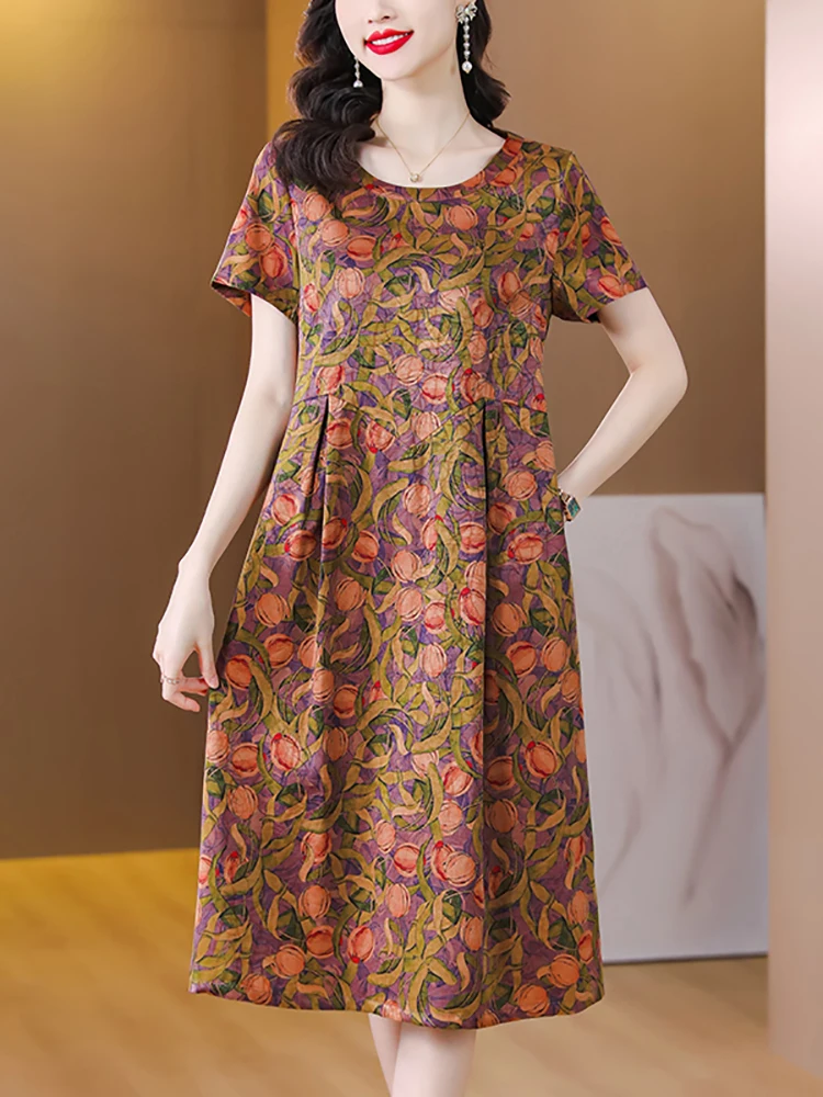 

Fashion Print Silk Chic Casual Women's Dresses Summer Short Sleeve O-Neck Loose Dress 2024 Korean Elegant Luxury Party Vestidos