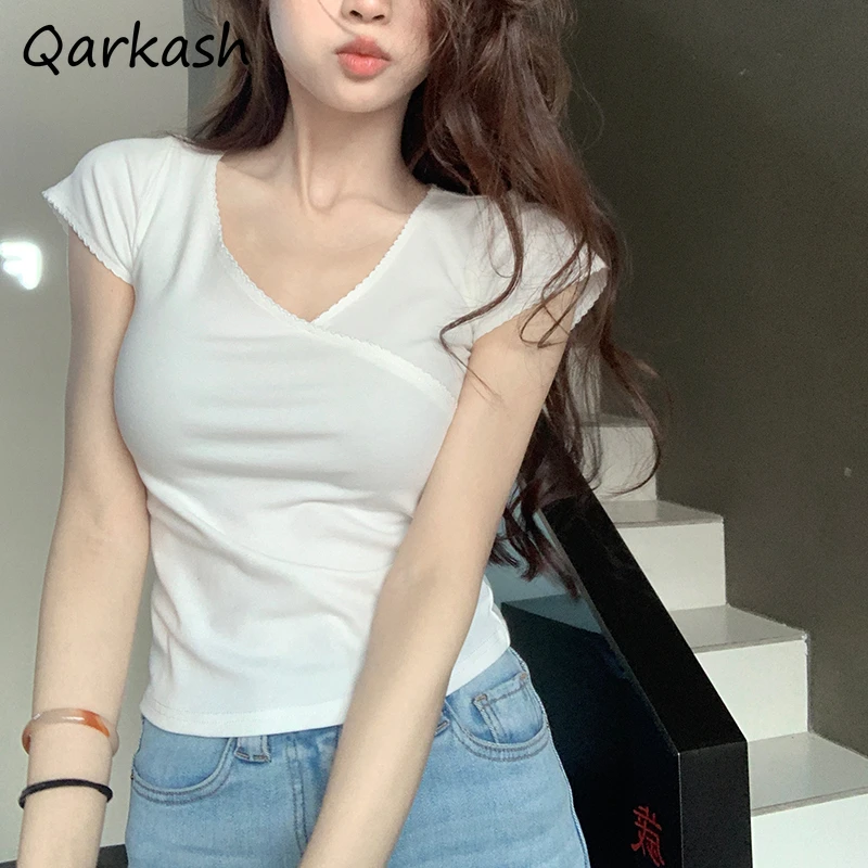 

T-shirts Women Comfortable Short Sleeve Solid Color Tight Summer Thin Streetwear Korean Style All-match Classical Basic Slouchy