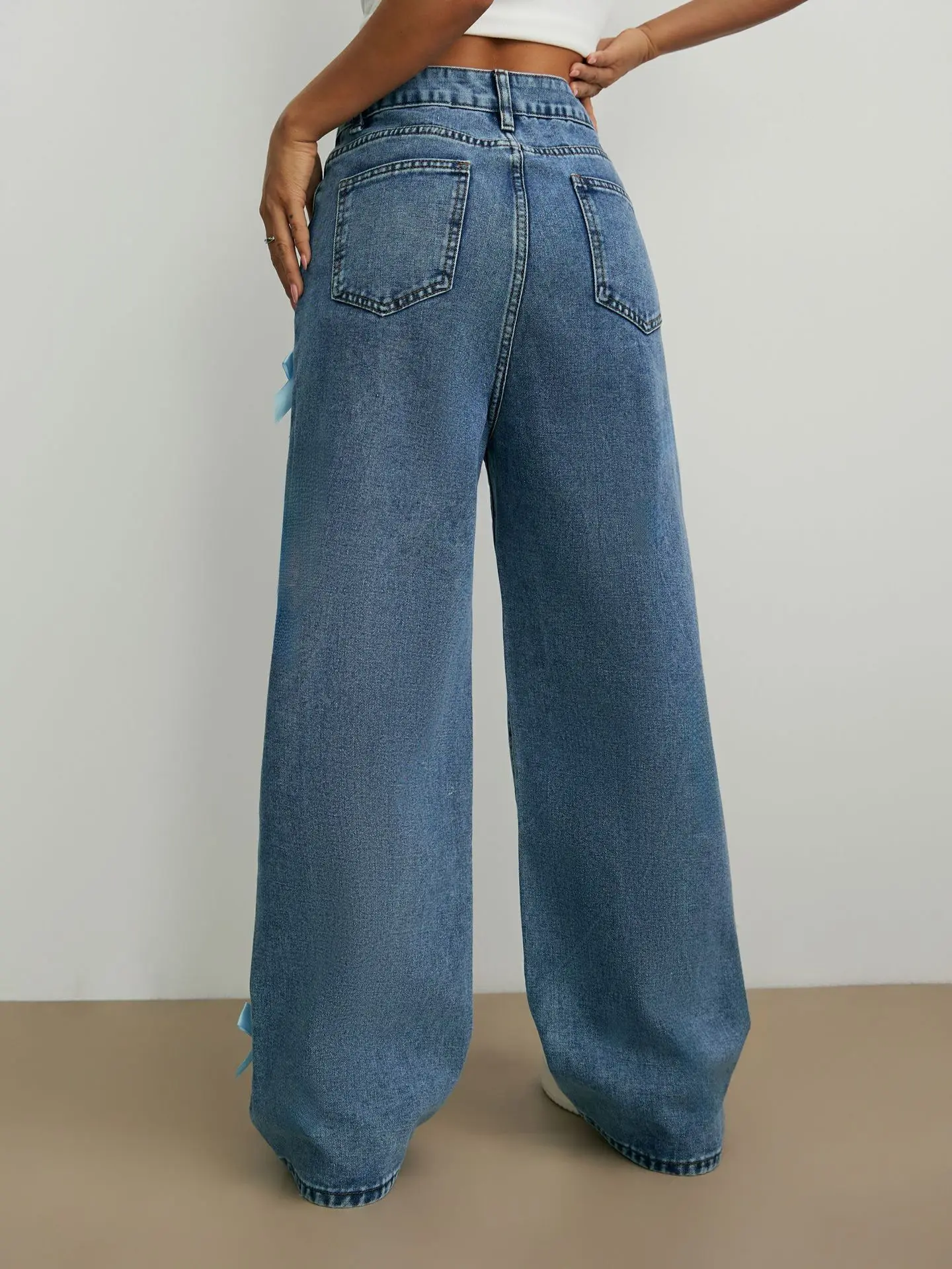 Y2K American Bow Washed Jeans Street Loose Straight Leg Wide Leg Pants 6