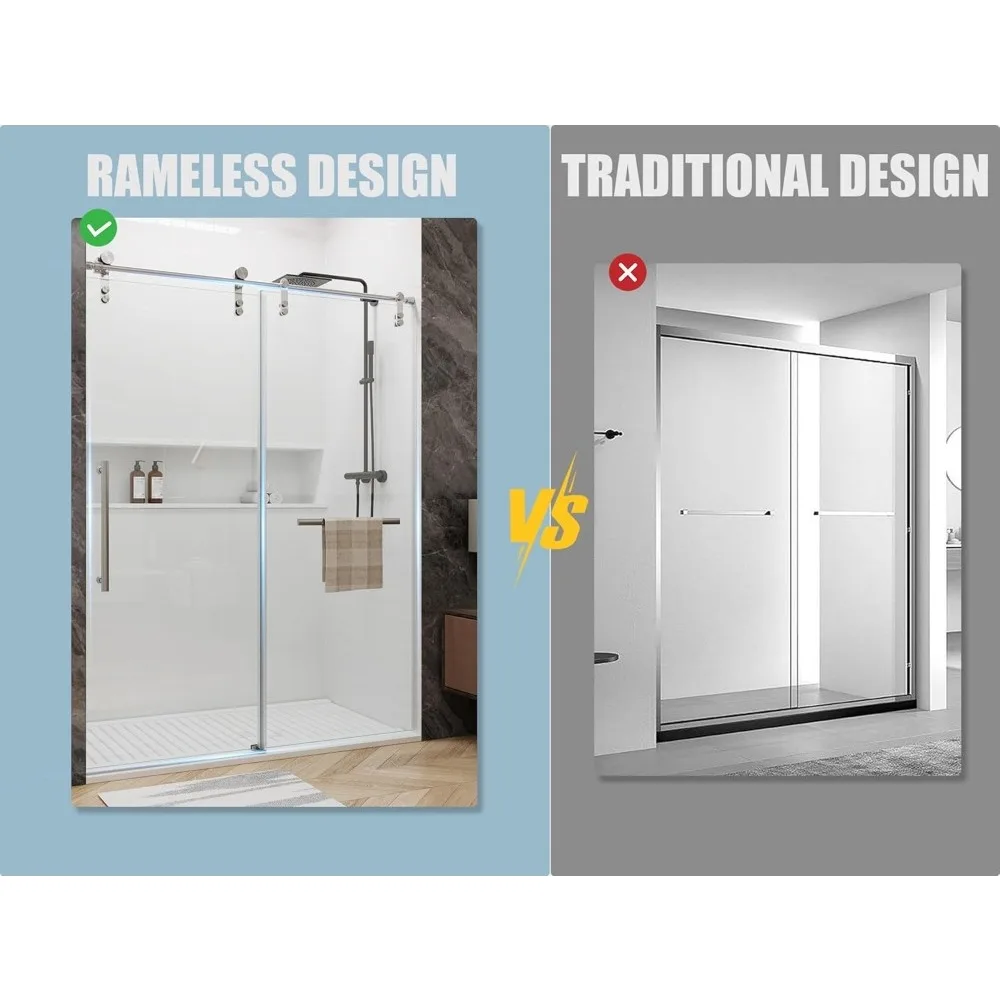 Sliding Shower Door, 56-60“ W X 76” H, Clear Tempered Glass, Frameless with Handle and Waterproof Seal, Sliding Shower Door 5