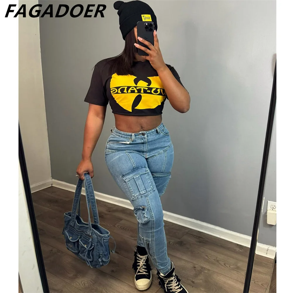 FAGADOER Retro Blue Casual Denim Cargo Pants Women High Waist Button Skinny Jean Trousers Fashion Female Pocket Elastic Bottoms
