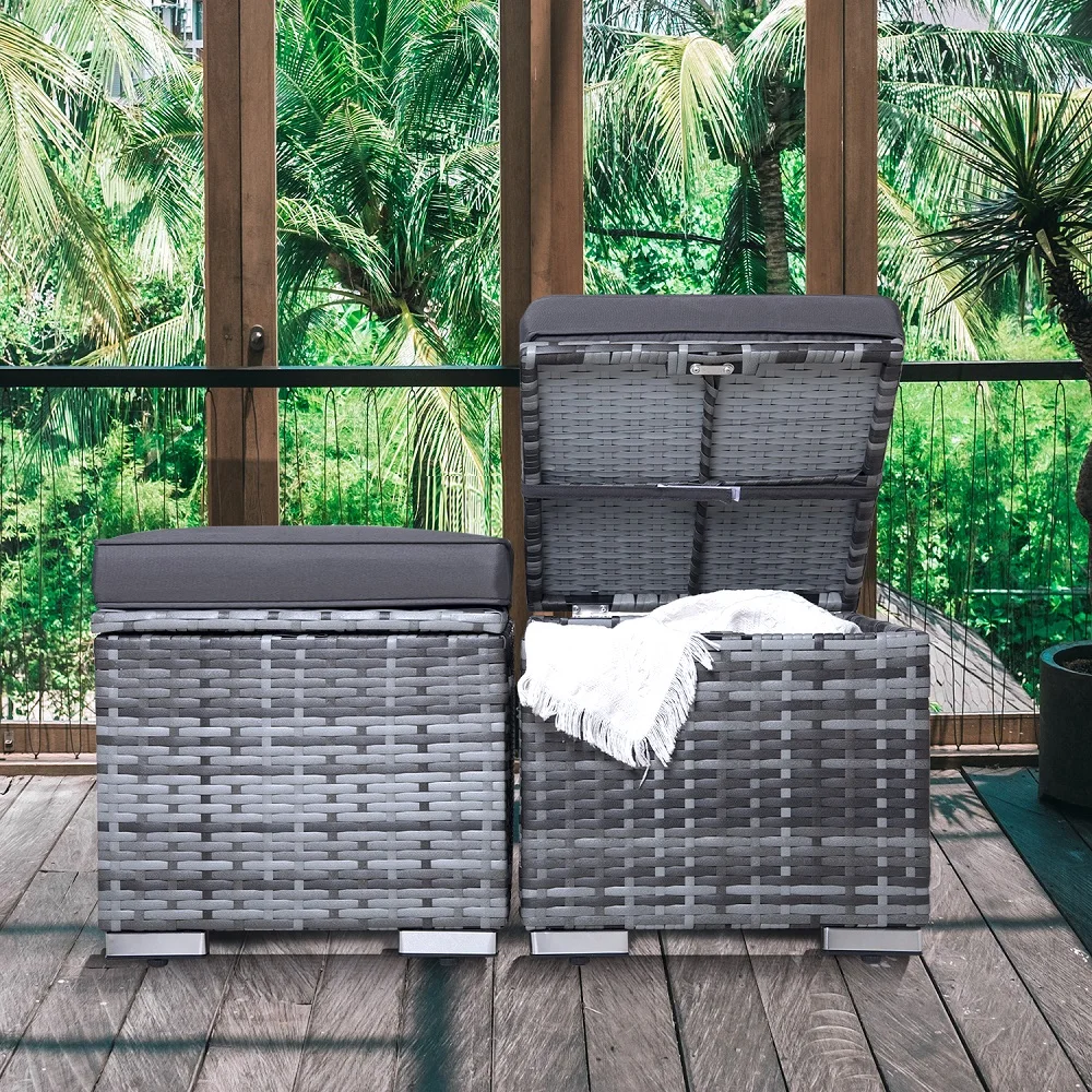 

2 Pcs/set Outdoor Ottoman Patio Foot Rest Rattan Chairs Multifunctional Furniture Footstool Storage Ottoman with Cushion Grey