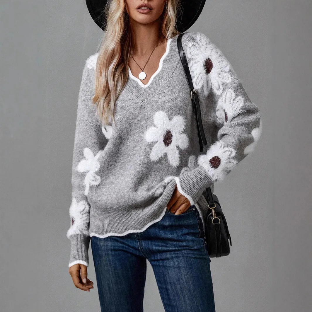 Women Floral Print Long Sleeve Knitted Sweater