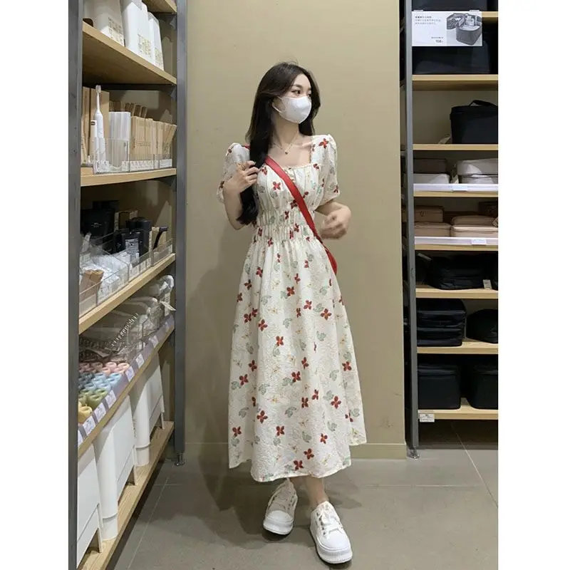 

Dresses Print Floral Square Collar Puff Sleeve Pleated A-Line Slim Elastic Waist Cute Sweet Girls Vestidos 2023 Dress for Women