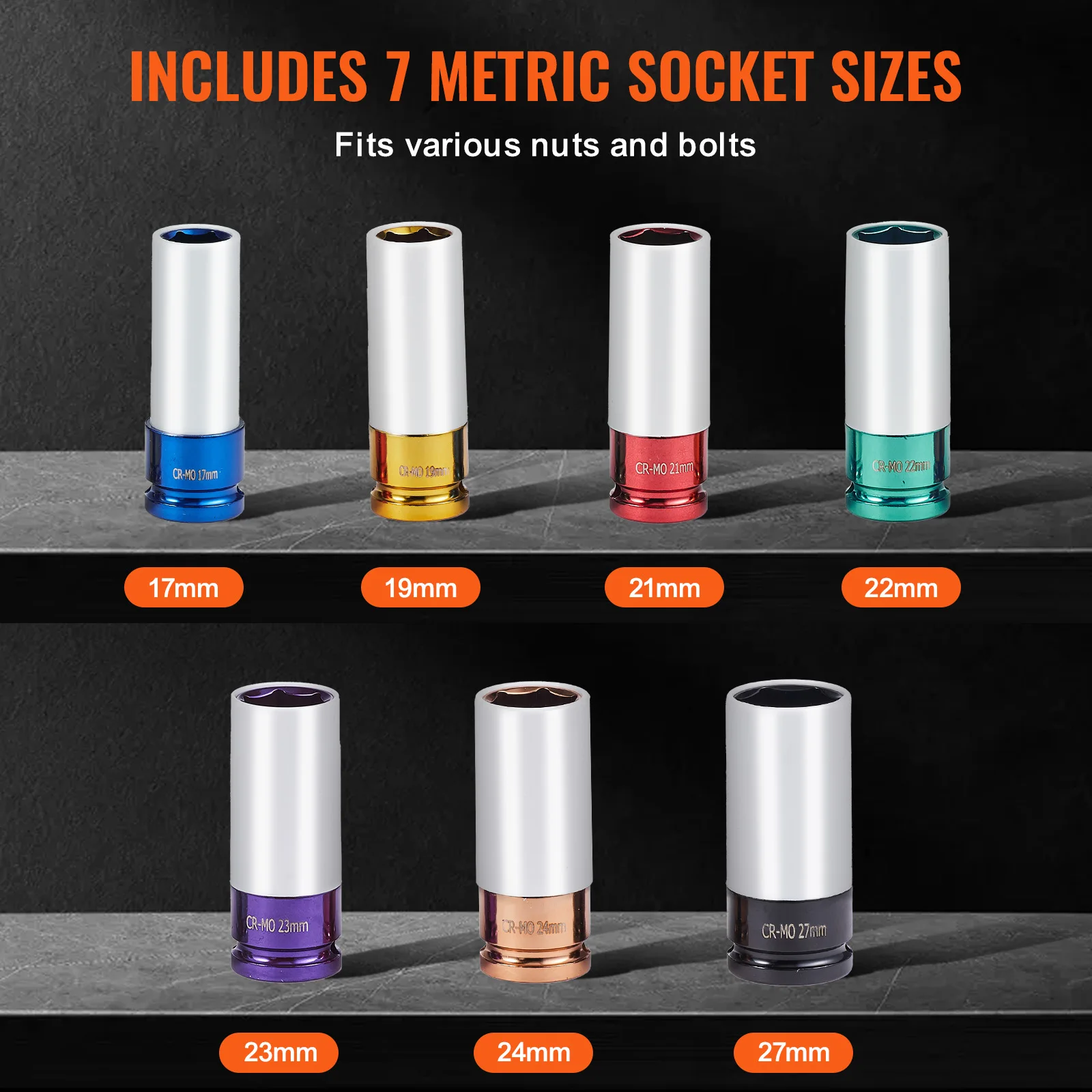 VEVOR 1/2 inch Drive Metric 6-Point Deep Socket Set, 7 Total Lug Nut Sizes 17/19/21/22/23/24/27mm, for Auto Repair 3