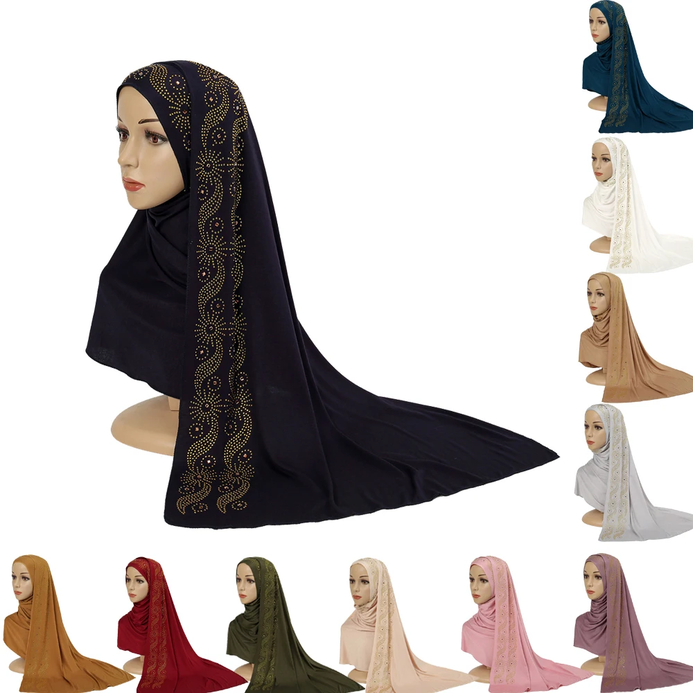 

Malaysia Muslim Women Diamonds Instant Hijab Jersey Long Scarf Shawl Islamic Arab Turban Scarves Headwrap Solid Color 170*70cm