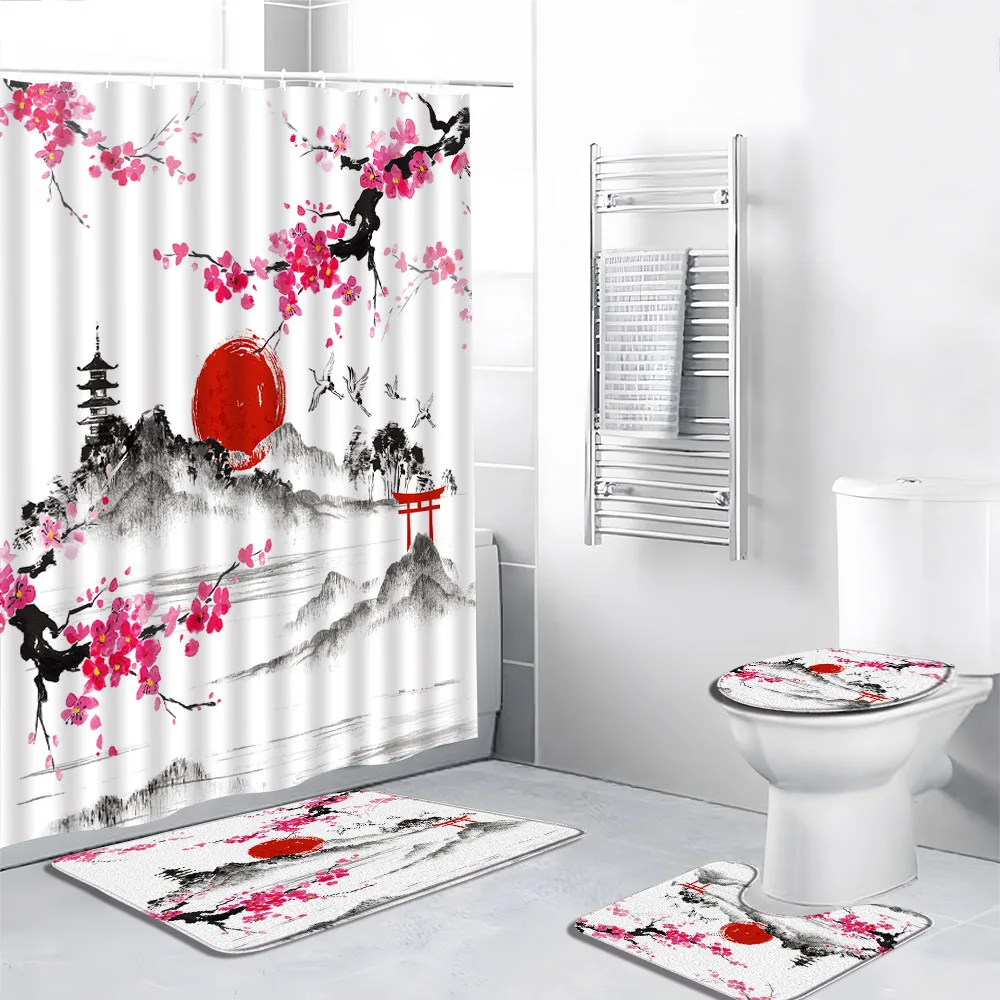 

4Pcs Asian Scenery Shower Curtain Cherry Blossom Mountain Sea Waves Sun Mount Fuji Koi Art Bathroom Decor Bath Mat Toilet Cover