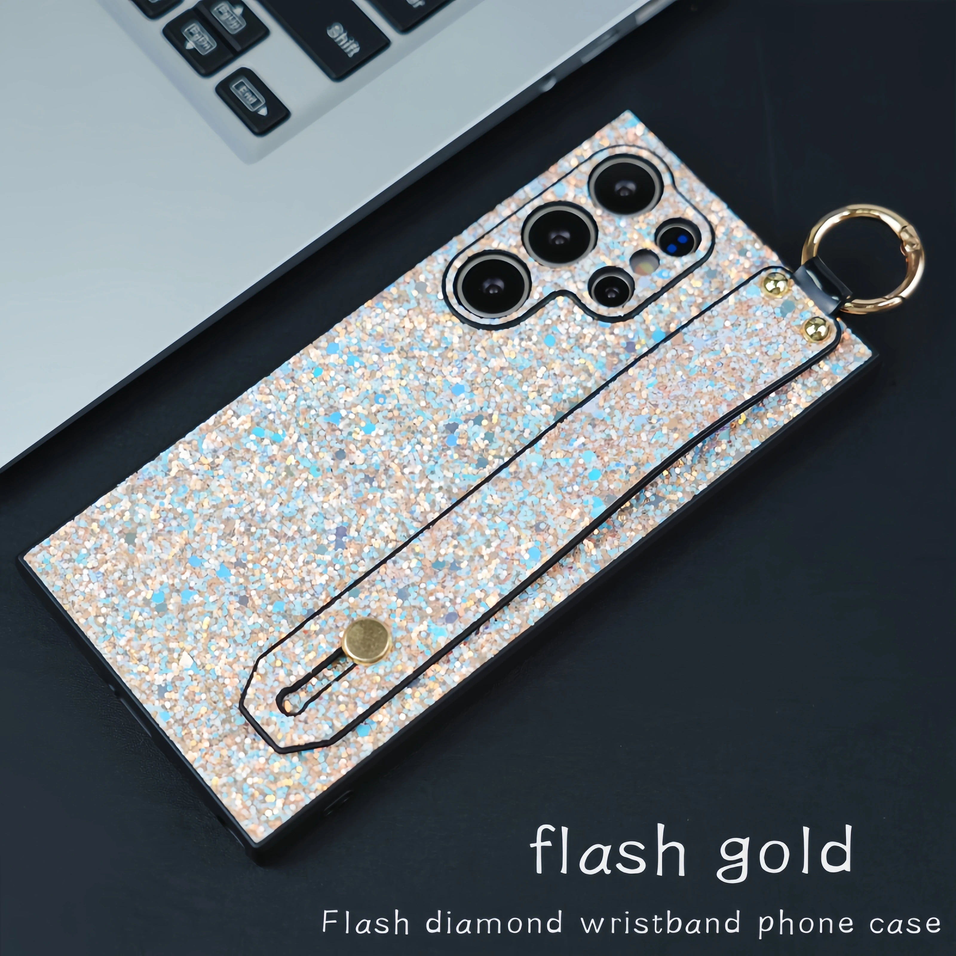 Wrist Strap Bracket Bling Glitter Shockproof Phone Case with Camera Protection