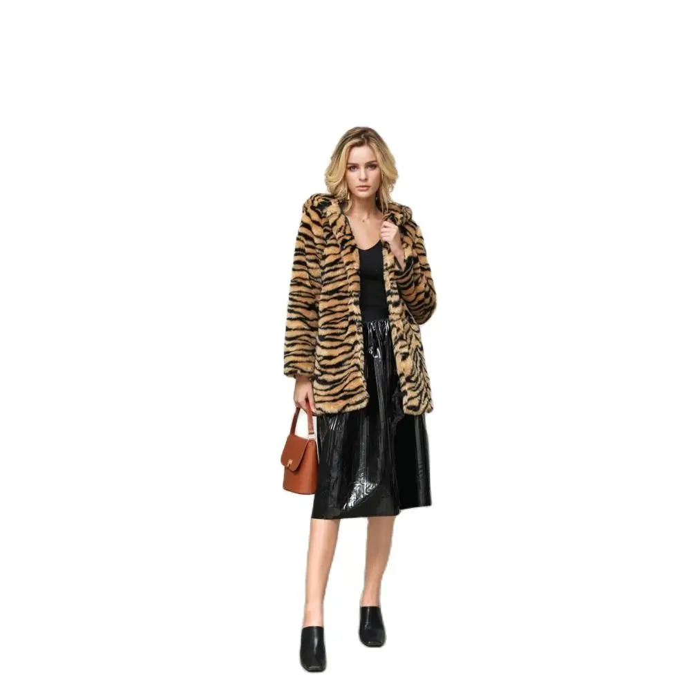 Tiger Print Faux Fur Coat Women 4xl Leopard Fur Jacket Long Sleeve Pockets Hooded Long Winter Fur Coat Fashion Fur Outwear