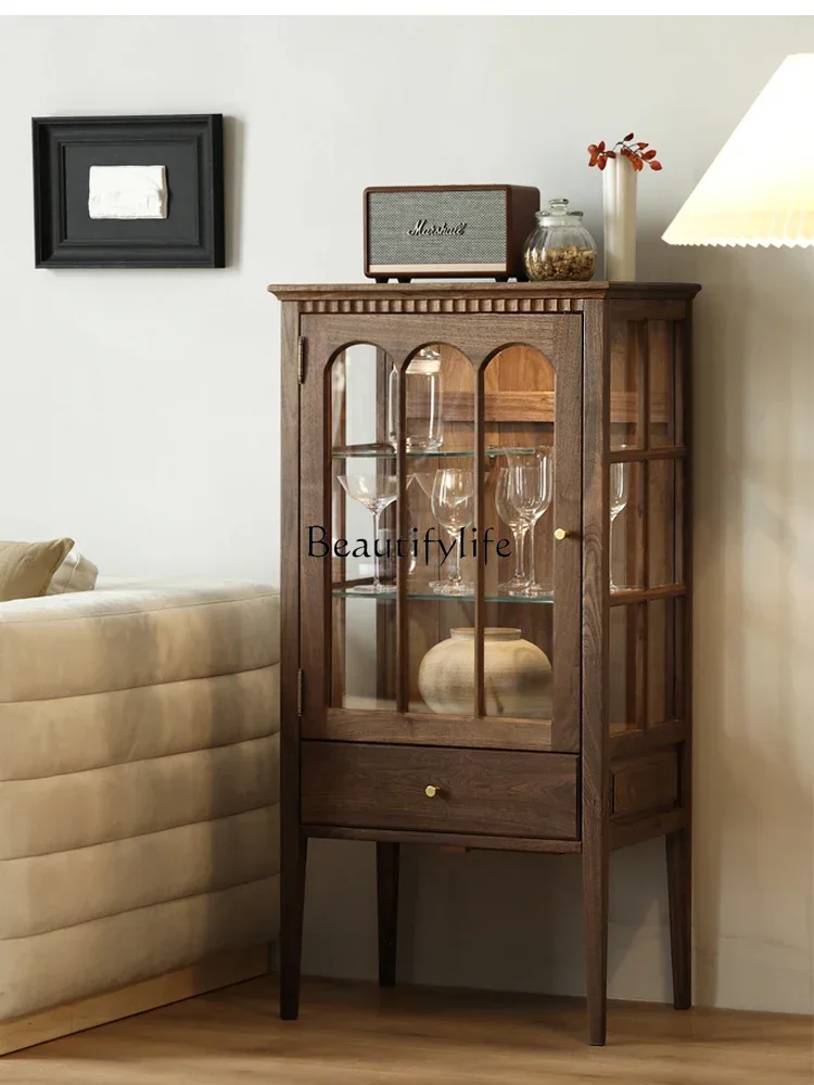 

Living Room Retro Display Cabinet Made of Glass Black Walnut Hand-Made Solid Wood TV Side Cabinet Wine Cabinet with Light