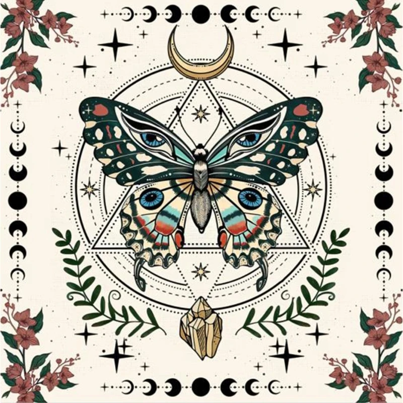 

G92F Constellations Tarot Pattern Tablecloth Butterfly Moon Phases Tapestry Board Game Luck Altar Cloth Background Tapestry