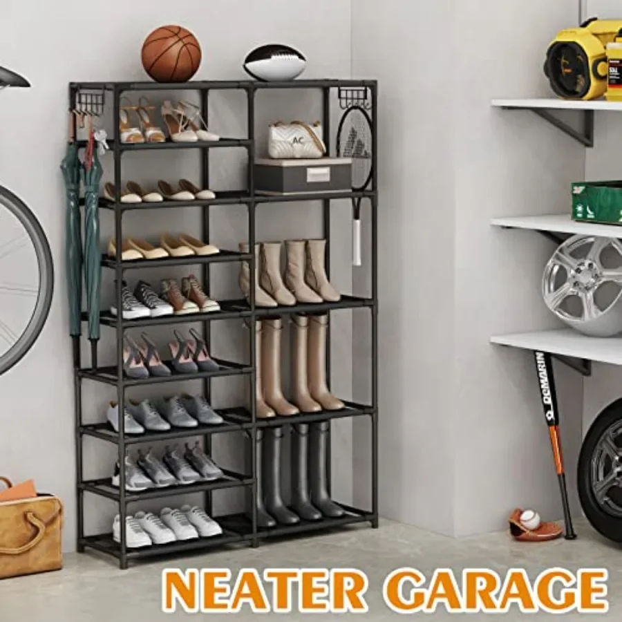 Tall Garage Shoe Rack Large CapacityTwo Rows Versatile Hooks Storage Boot Shelf Black 2435 Pairs