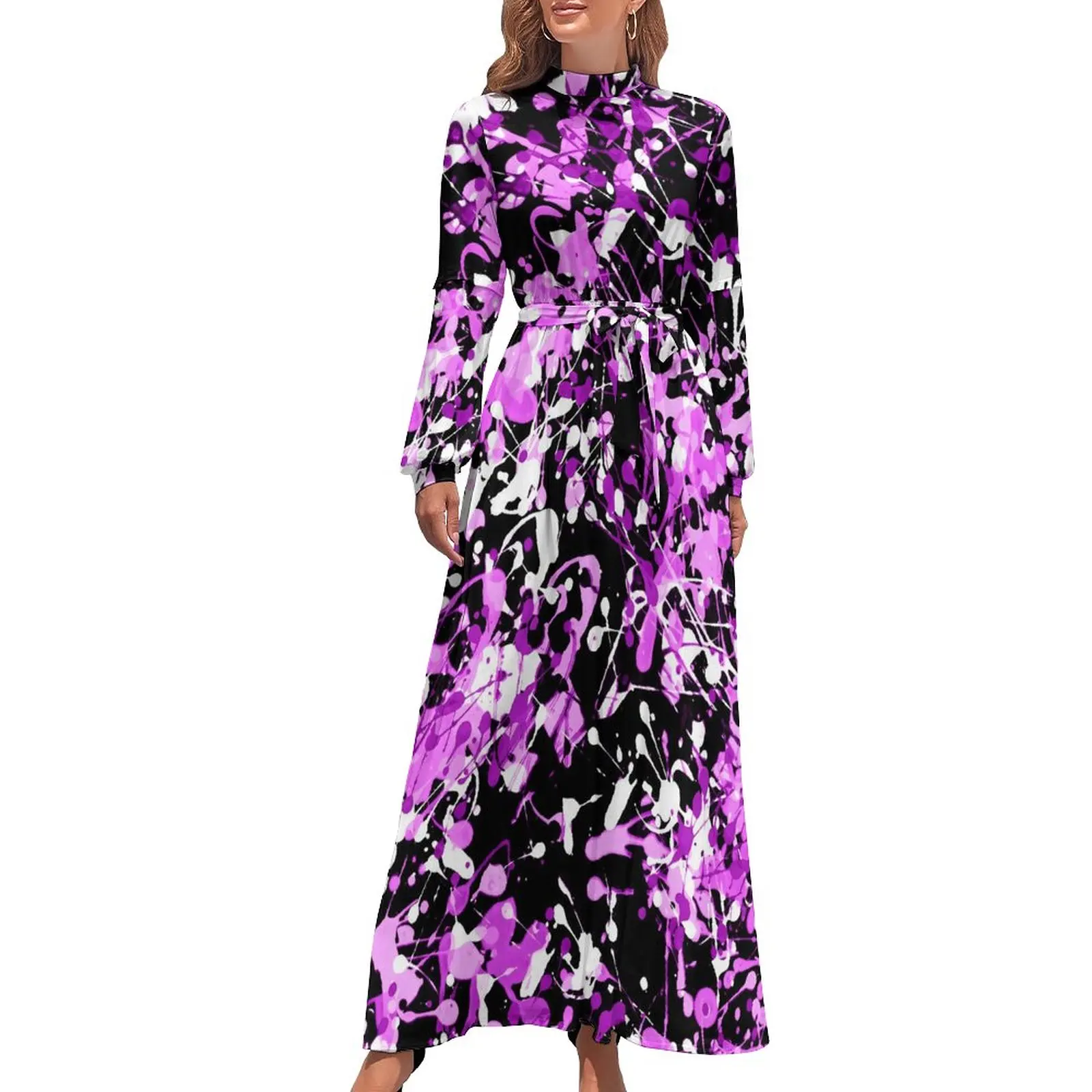 

Splatter Paint Dress Colorful Print Elegant Design Maxi Dress High Neck Long Sleeve Korean Fashion Boho Beach Long Dresses