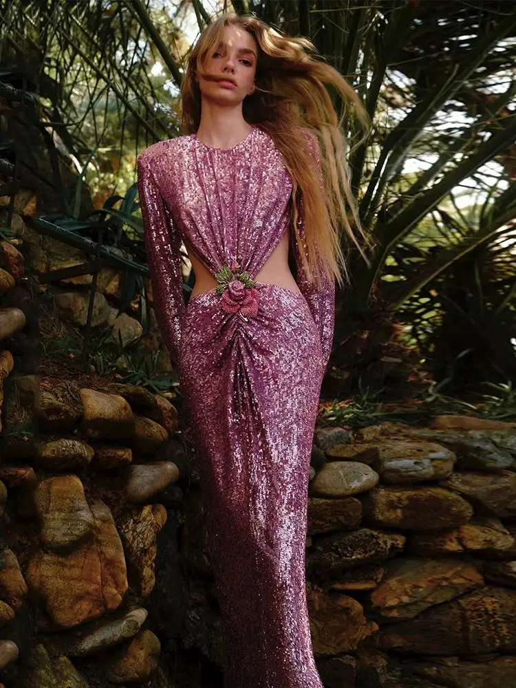 

2023 New Women's Sexy Backless Waist Hollow out Design Leg Length Sequins Diamond Elegant Celebrity Party Evening Dress