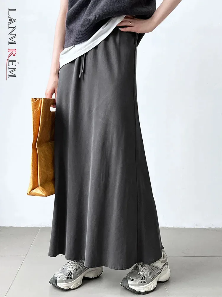 

[LANMREM] Drawstring Design High Waist Skirts For Women Solid Mid-length Split Simplicity Clothing 2024 Spring New 26D6126