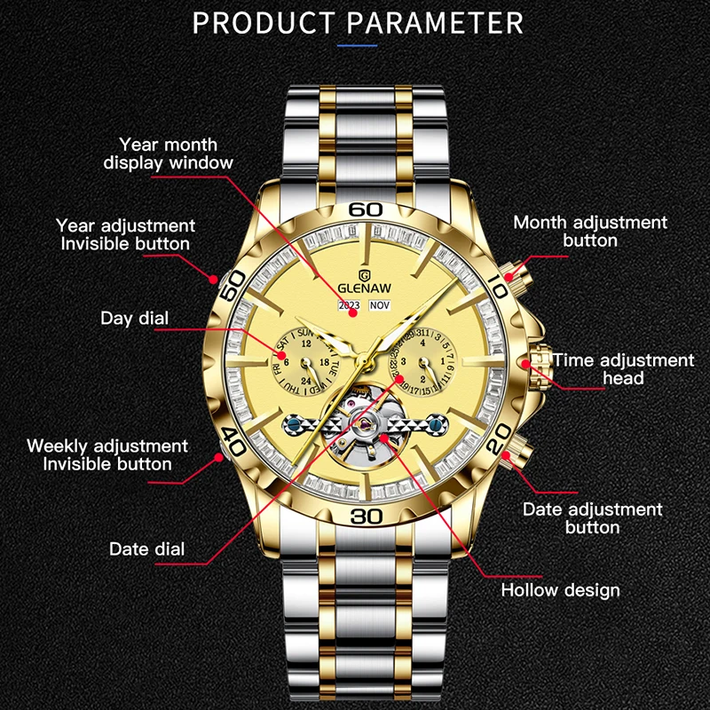 GLENAW Men Watch Business Multi functional Waterproof Calendar Classic Watch Luxury Automatic Mechanical Skeleton Men's Watch