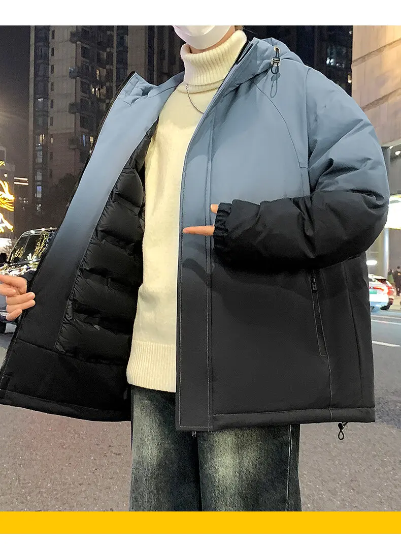Lässige graue Entendaunenjacke mit Farbverlauf und Kapuze, 2025, Winter-Herren-Jugend-Streetwear-Mode-Puffermantel, dick gepolsterte Parkas-Kleidung – Detail 11