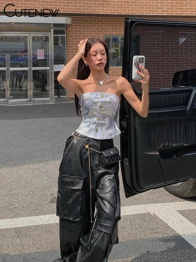 Stunning Solid Vest Women Summer Street Fashion Strapless Single Breasted Slim Tanks Girl Concise Go Out All-matched Top