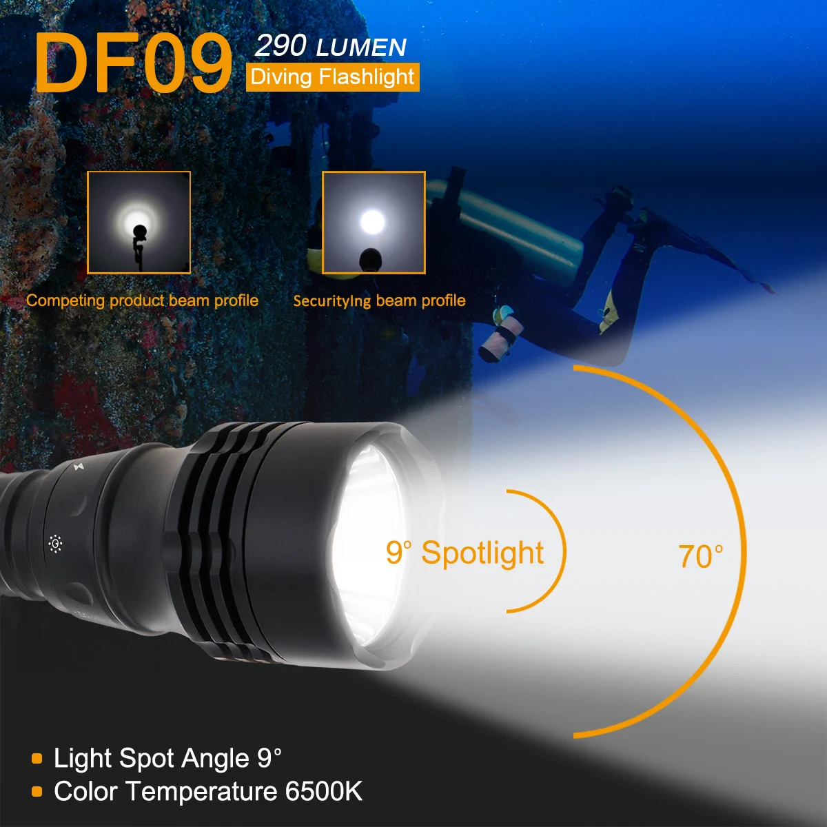 SecurityIng DF09 290 Lumen Underwater 30M Diving Flashlight for Diving / Outdoor / Camping, Dive Light