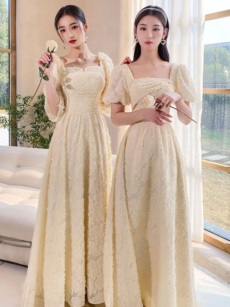 

Women's Champagne Bridesmaid Dress New Summer Long Sleeve Birthday Party Evening Dress Sisters Group High Waisted Dresses