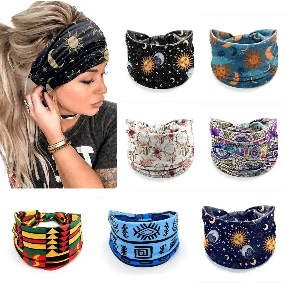 

Elastic Wide Headbands New Boho Flower Print Turban Star Printed Vintage Knot Hair Scarf Women