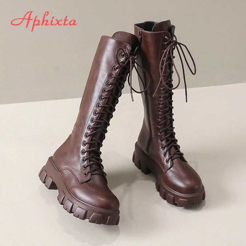 Aphixta 2025 Winter Shoes Women's Long High Boots Brown PU Leather Knee High Boots Female Fashion Lace Up Platform Botas Mujer