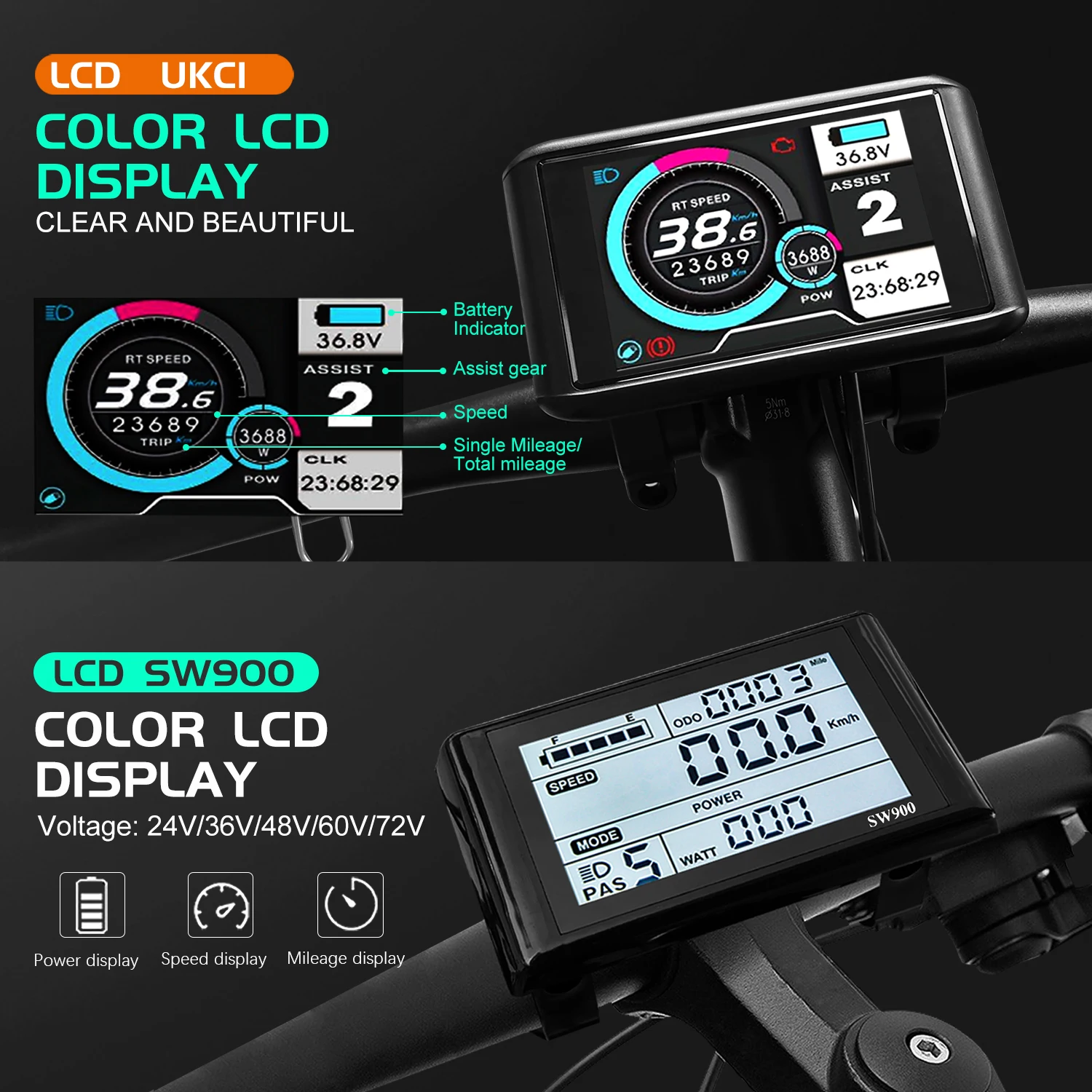 Ebike 사인파 디스플레이 컨트롤러 35A40A45A60A80A100A 학습 기능이 있는 3모드 컨트롤러 UKC1 SW900 LCD 컬러 디스플레이