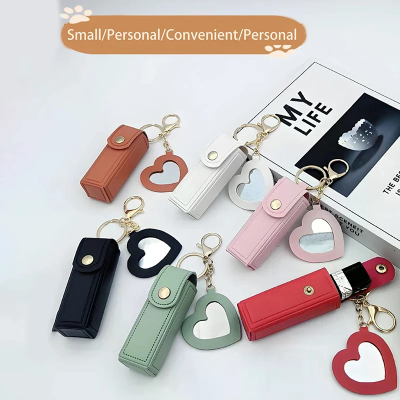 Solid Color Portable Lipstick Bags Wallet Keychain Mini Storage Bag For Women Lipsticks Protective Cover With Mini Makeup Mirror