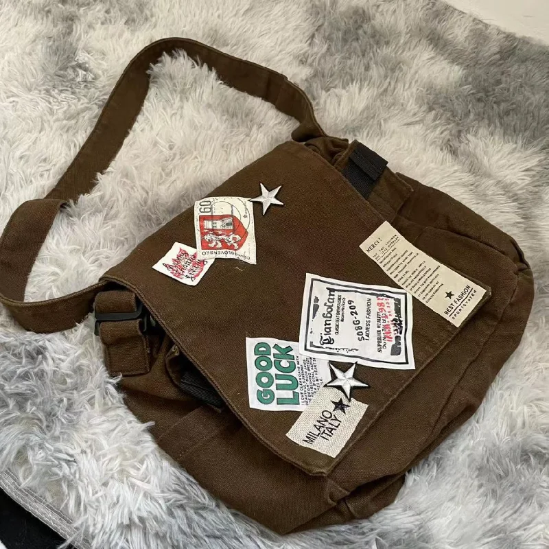Canvas Bag Women Messenger Bag MBTI Vintage Y2k Messenger Bag for Women Canvas Star Patch Students School Crossbody Bags American Fashion Retro Female Handbags