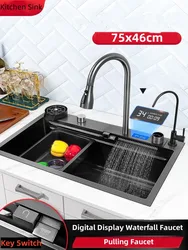 304 Stainless Steel Waterfall Kitchen Sink Digital Display Faucet Single Slot High Pressure Cup Washer Coffee Shop Wine Bar Sink