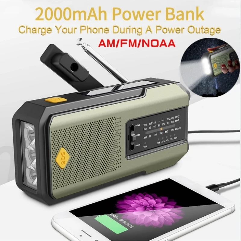 Radio Camping étanche Radio D'Urgence Solaire & Manivelle 5000 MAh – AM/FM/ NOAA, Torche, SOS, Chargeur USB Étanche Radio FM/AM Portable