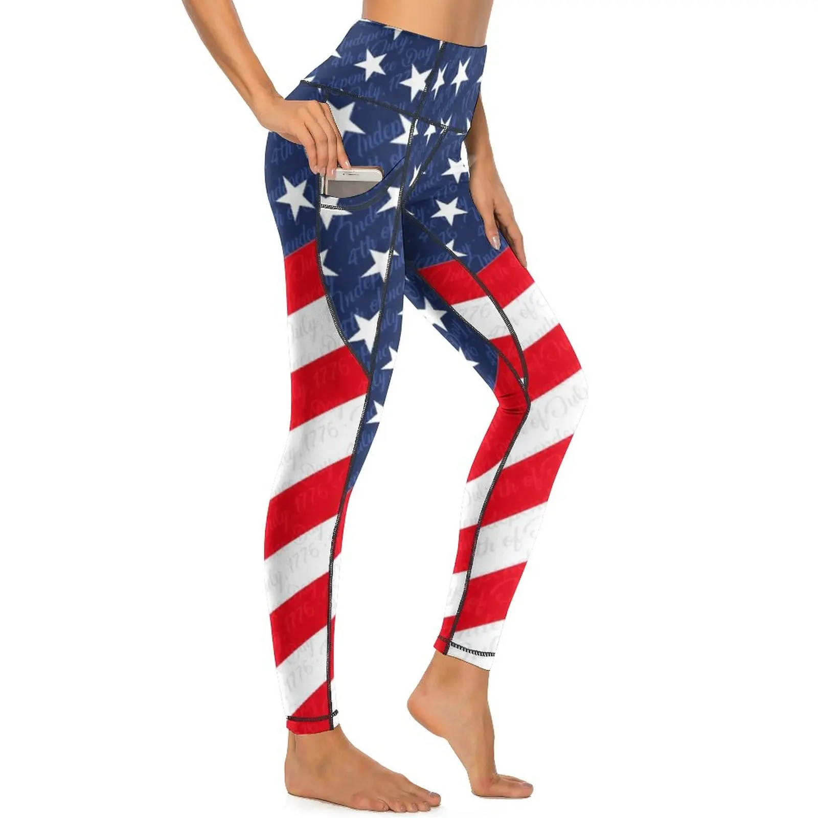 

USA Flag Leggings Sexy 4th of July Independence Day Running Yoga Pants High Waist Quick-Dry Sports Tights With Pockets