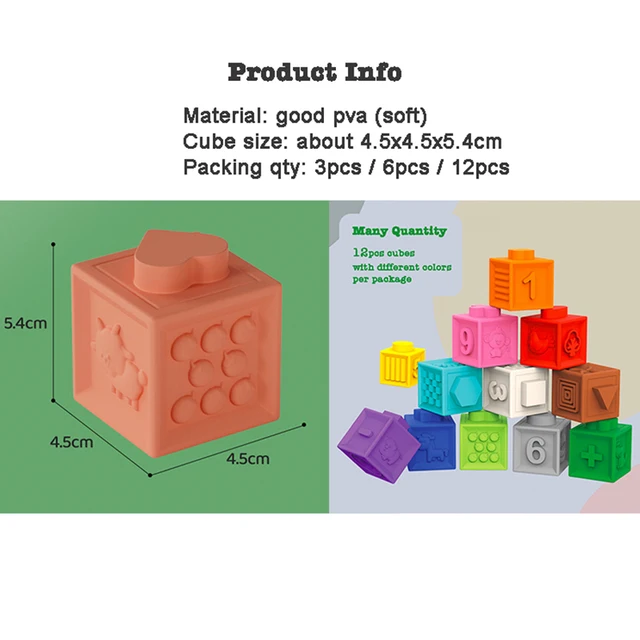 12/6/3pcs Soft Building Blocks Montessori Toddlers Early Education Squeeze Stacker Cube Blocks Toy Children Baby Bath Toys 6