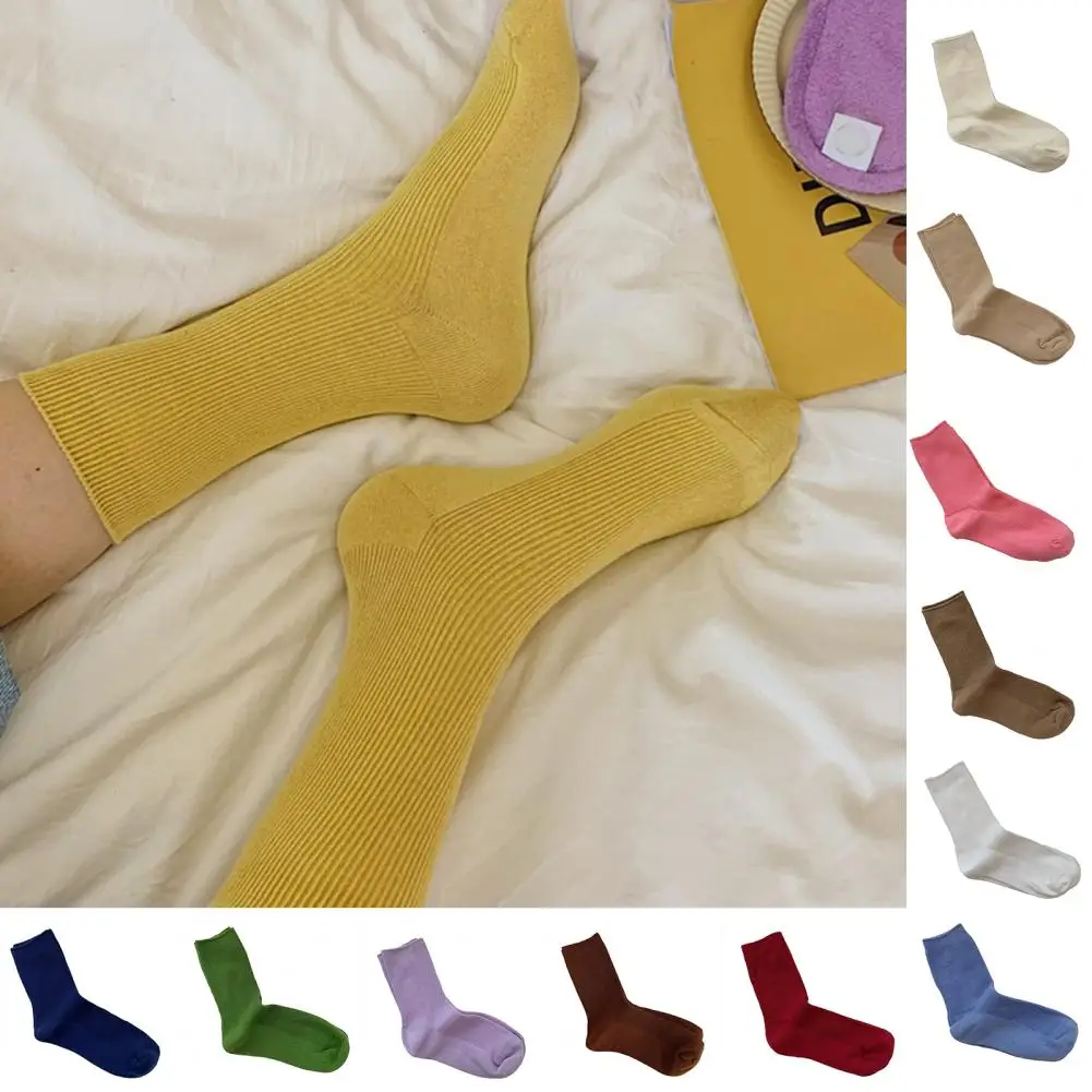 

1 Pair Ribbed Mid-tube Elastic Women Socks 12 Color Korean Style Cotton Socks Simple Casual Solid Color Sports Socks