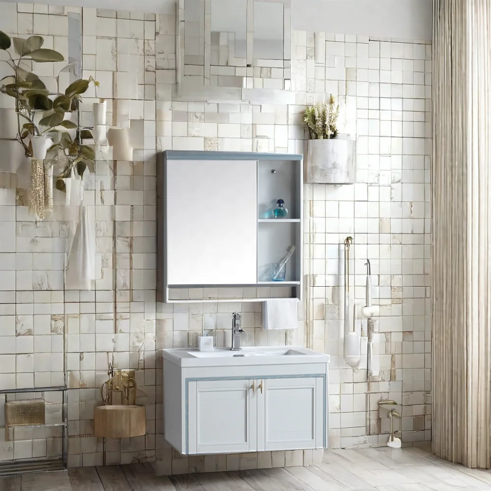 Small Traditional Design Bathroom Unit Rectangle Bathroom Cabinet With Wash Basin And Mirror