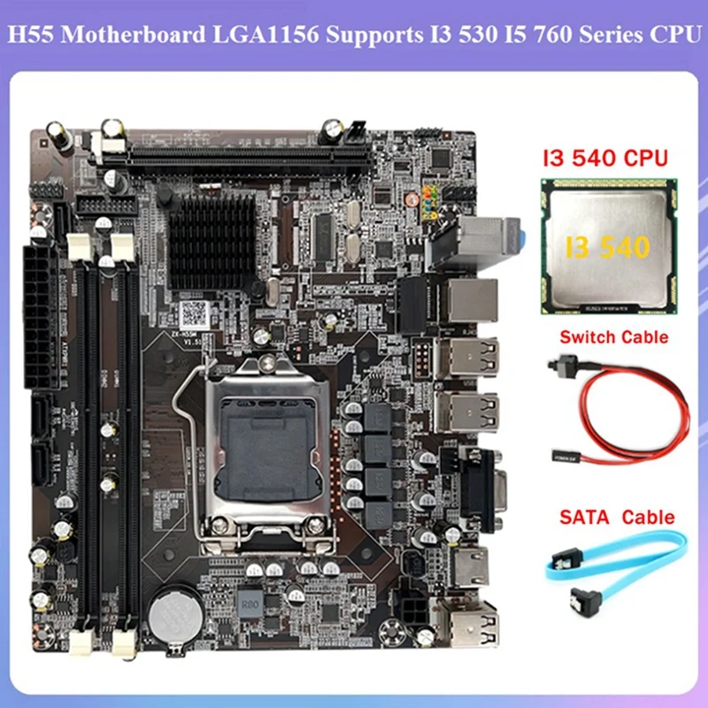 

H55 Motherboard LGA1156 Supports I3 530 I5 760 Series CPU DDR3 Memory Motherboard+I3 540 CPU+SATA Cable+Switch Cable