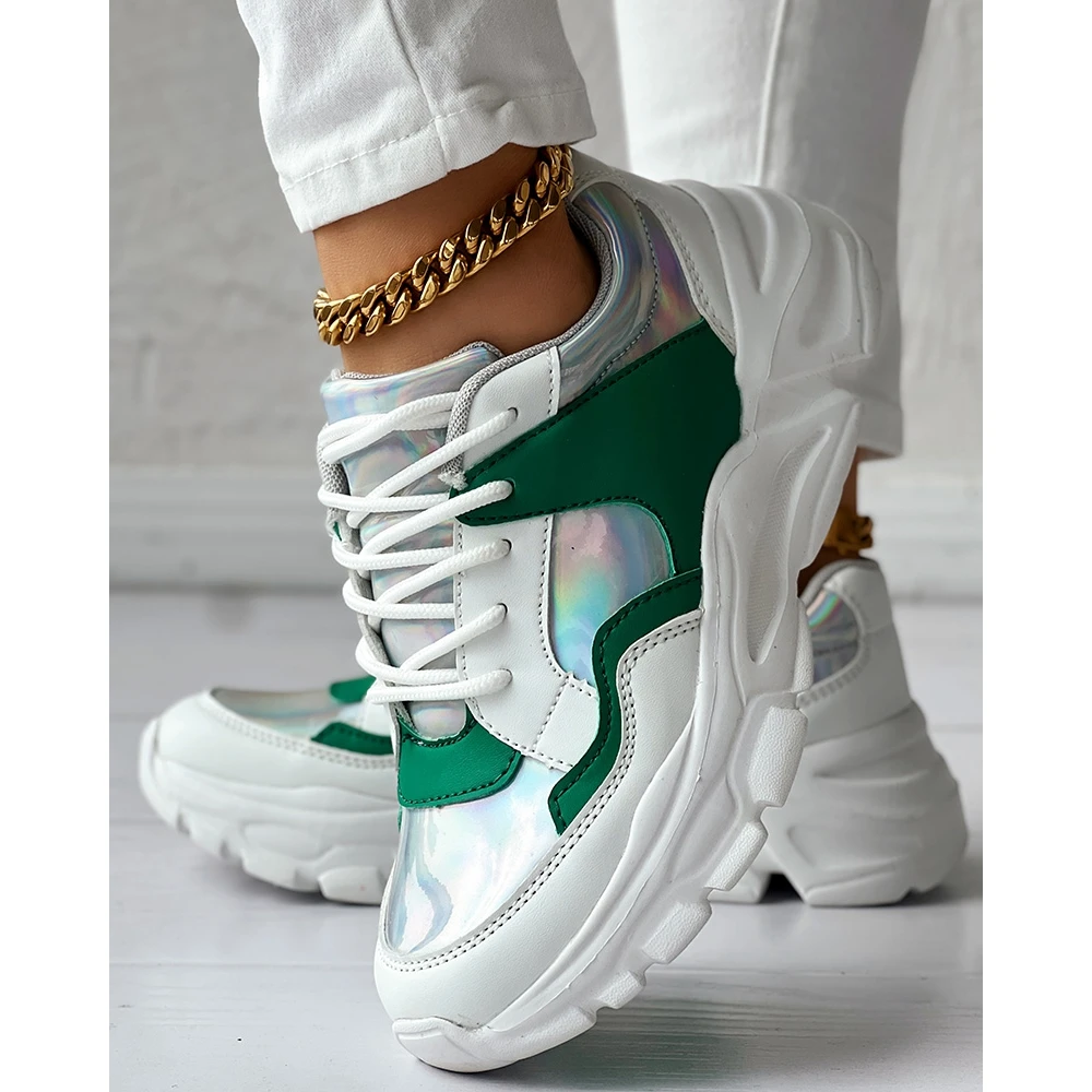 Fashion Women Colorblock Lace-up Sneakers Daily Casual Round Toe Platform Sports Shoes Spring Fashion Going Out Shoes Low Price