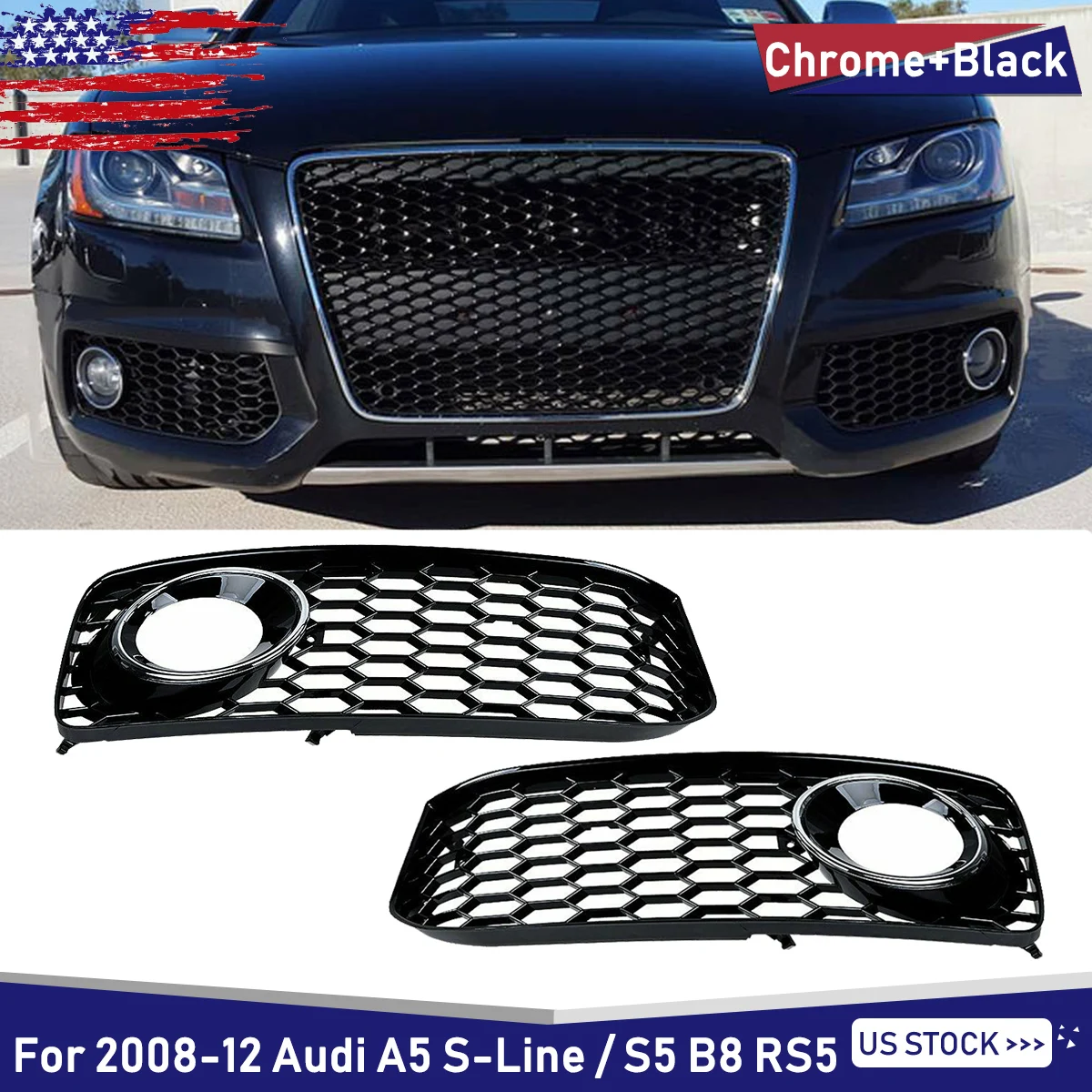 Honeycomb RS5 Style Fog Light Grille Chrome Ring For 2008-2012 Audi S5 B8 Coupe