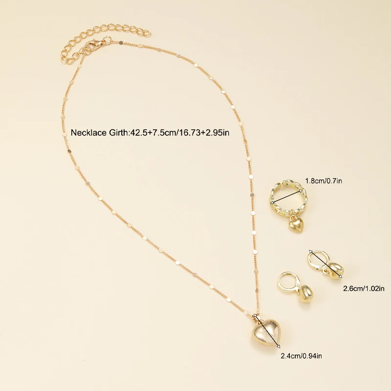 New 4 Pcs Glossy Gold Plated Metal Love Heart Dangle Earrings Necklace Ring Jewelry Set for Women Simple Dainty Daily Wear Gifts