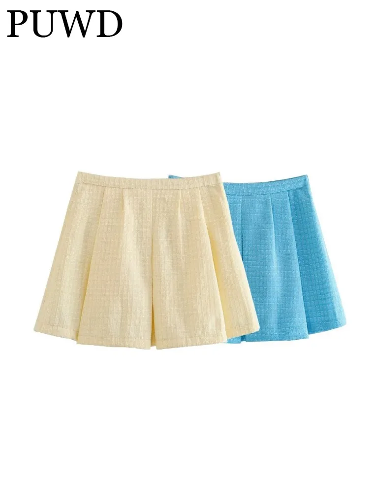 

PUWD Casual Women Fashion Blue Mini Skirts 2023 Summer Vintage Mid Waist Solid Color Side Zipper Female Bottoms Mujer