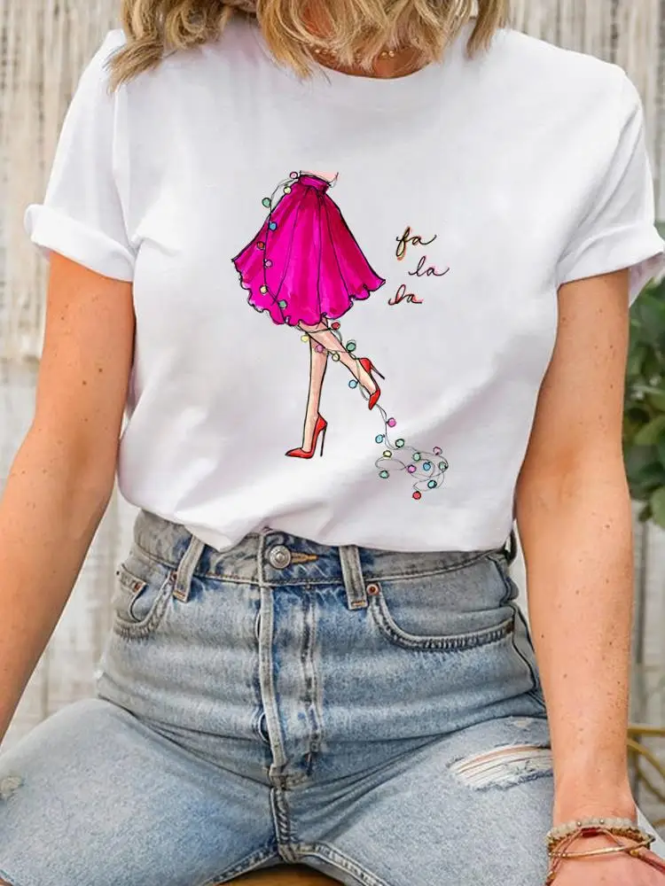 

Lovely Cartoon Festival Tee Top Christmas Lady New Year Short Sleeve Print Fashion Women Shirt Clothing Clothes Graphic T-shirt